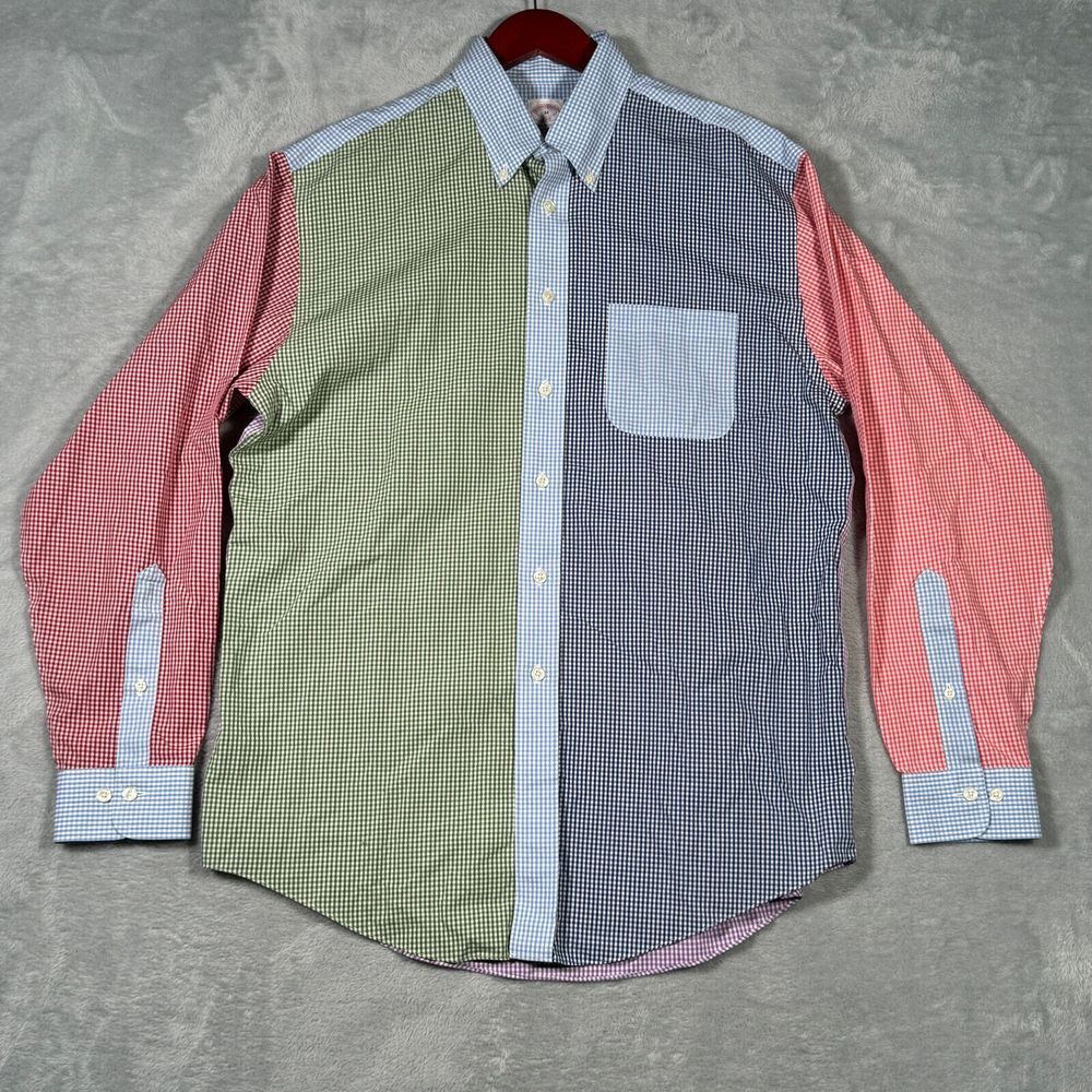 Brooks Brothers Shirt Mens‎ Medium Gingham Plaid Color Block Fun Long Sleeve